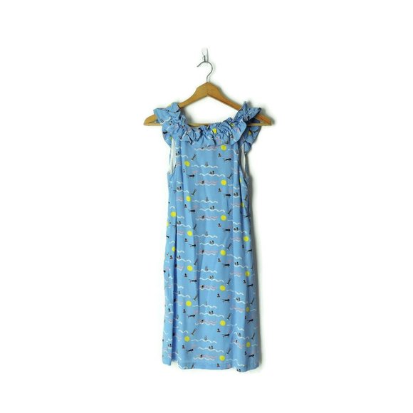 Rare Larke Anthropologie ruffle dress blue cute summer fun print 2XS petite - Picture 4 of 13